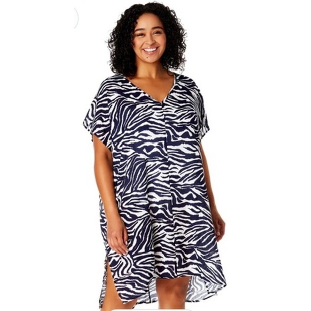 NEW Anne Cole Swim Cover Up Women Navy Zebra Print V-Neck Tunic 18-20 $96